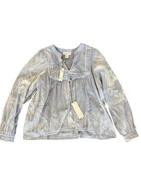 Calypso Blue White Bohemian Floral Long Sleeve Blouse Women's Size L NWT